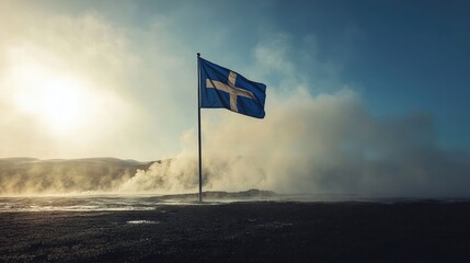 The Iceland flag featured in a misty landscape of hot springs and steam rising in the air