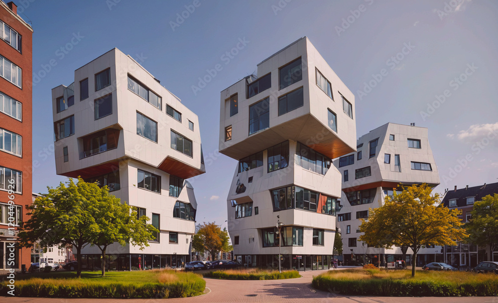 Poster three tall white buildings with a green tree in front of them. the buildings are very tall and have 