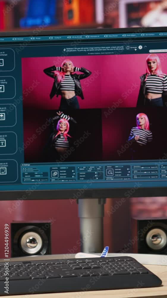 Fototapete Vertical video Computer on desk with UI of artificial intelligence GPT application turning text prompt into photos, close up. Neural network tech using text to image AI generative models, handheld