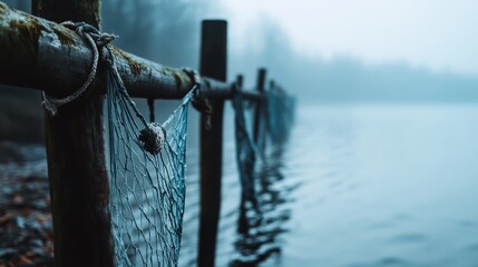 An old fishing net hangs from wooden posts over a misty lake, creating a tranquil and nostalgic lakeside scene.