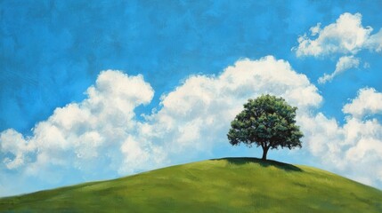 Lonely tree on lush green hill landscape