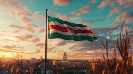 "The Hungarian flag artistically integrated into a vibrant cityscape, representing modern culture