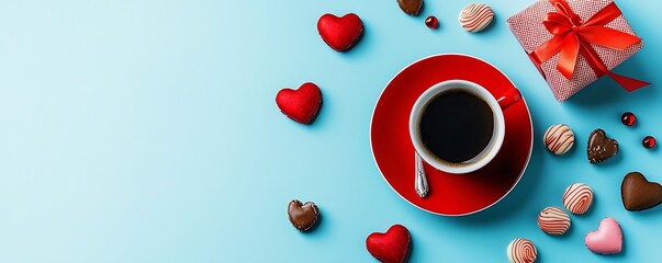Banner with red cup coffee, heart-shaped sweets, and a gift on a blue background, perfect for Valentine Day treats