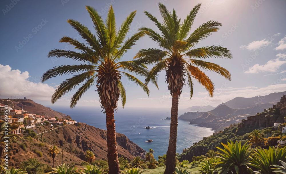 Aufkleber two palm trees are standing next to each other on a hill overlooking the ocean. the scene is serene 