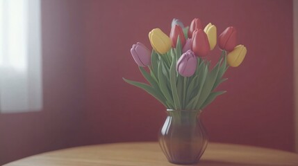 Obraz premium Vibrant Colorful Tulip Bouquet in Glass Vase