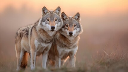 Obraz premium Two wolves at sunset in a field, wildlife photography for nature documentaries