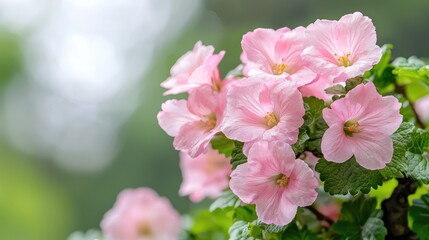 Close-up of delicate pink flowers blooming in a garden, showcasing their soft petals and vibrant color against a blurred green background.