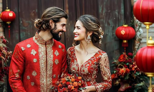 Happy couple in red traditional clothing, holding a bouquet, against a rustic backdrop with lanterns.