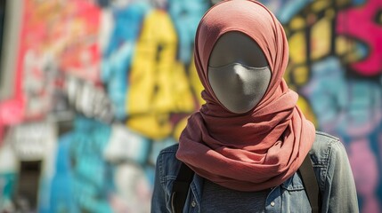 Obraz premium A woman wearing a scarf and a jacket stands in front of a graffiti wall. The scene is urban and somewhat mysterious. Muslim woman in hijab. Mannequin in dress and hijab. Modesty. Religion Islam.