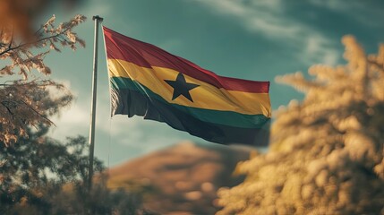 "The Ghana flag waving proudly in the foreground, capturing the essence of the nation's colors