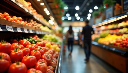 Blurred view of grocery market. Shoppers browse produce aisle. Fresh fruits, vegetables displayed on shelves. Modern supermarket interior. Healthy food options available. Busy retail environment.