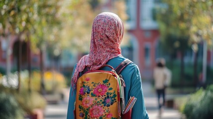 A woman wearing a floral scarf and a yellow backpack walks down a sidewalk. Muslim woman in hijab. Mannequin in dress and hijab. Modesty. Religion Islam.
