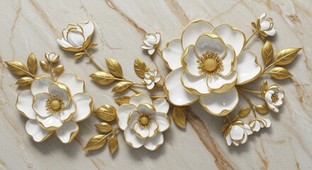 A detailed 3D illustration of white and gold flowers arranged over a polished marble background