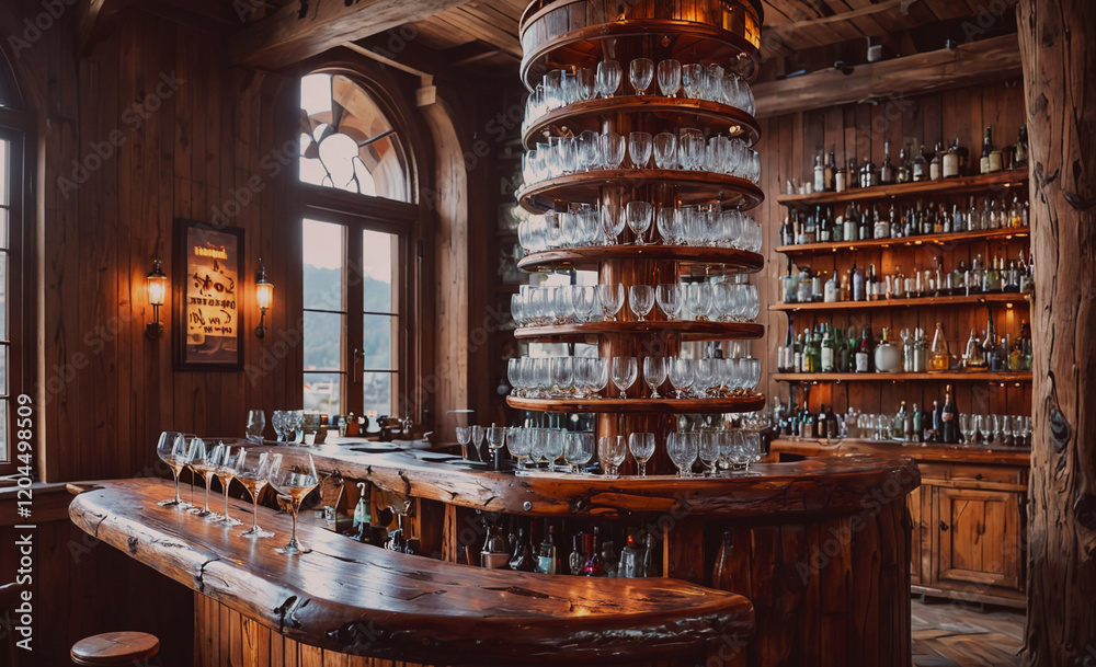 Poster bar with a lot of glasses and bottles on the shelves. the bar is wooden and has a rustic feel