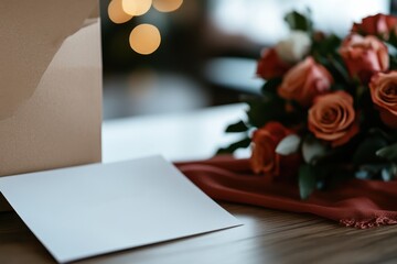 Obraz premium A blank card rests beside a vibrant bouquet of roses, evoking feelings of love and warmth, ideal for personal notes or heartfelt messages to loved ones.