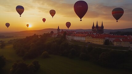 Obraz premium Majestic Sunrise Hot Air Balloons Soaring Over Scenic Medieval Town