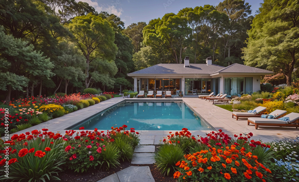 Aufkleber large house with a pool and a garden. the pool is surrounded by flowers and the house has a lot of w