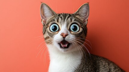 Obraz premium A wildly astonished cat stares wide-eyed against a vibrant backdrop.