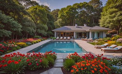 Large house with a pool and a garden. The pool is surrounded by flowers and the house has a lot of windows