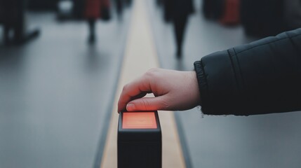 Passenger uses fingerprint scanner at boarding gate in busy airport terminal with glowing technology