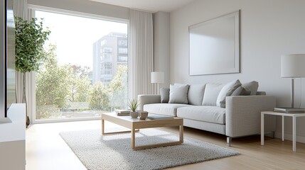 Modern minimalist living room with large window, sofa, coffee table, and rug.