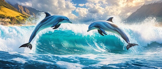 Fototapeta premium Two Dolphins Leaping Ocean Wave, Coastal Mountain Background