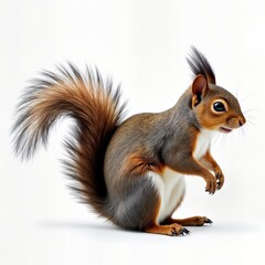 Fototapeta premium Cute squirrel side view. Fluffy fur. Different colours in fur. Squirrel standing on white background. Looking curious, friendly. Adorable animal. Wildlife scene. Squirrel in nature. Isolated image.
