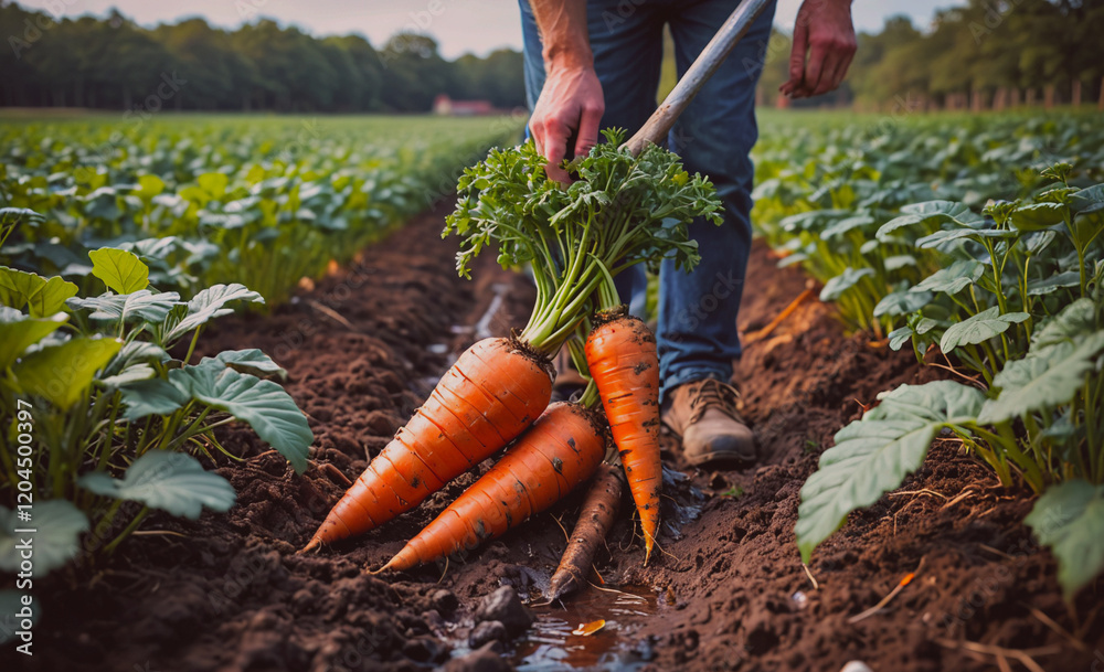 Poster man is holding a bunch of carrots in a field. the carrots are orange and appear to be freshly picked