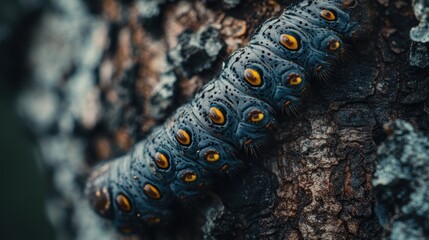 Close-up of a dark blue caterpillar with orange spots on tree bark. © huhu