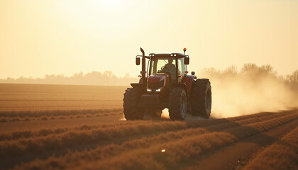 Obraz premium Tractor plowing field at sunset