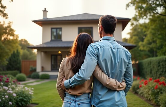 Happy couple stands in front of new house. They look at new home admiringly. Beautiful garden surrounds new house. Love, happiness in new property. Lifestyle image of new home. They embrace with love.
