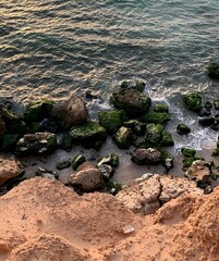 A rocky shoreline with moss-covered stones and gentle waves.