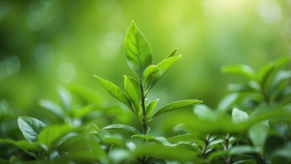 Obraz premium Bright green tea leaf, blurred plantation background