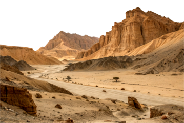 Martian landscape isolated on transparent background, canyon and rock mountains in desert land with sand and orange atmosphere view, cosmic and astronomy exploration and travel to alien planet