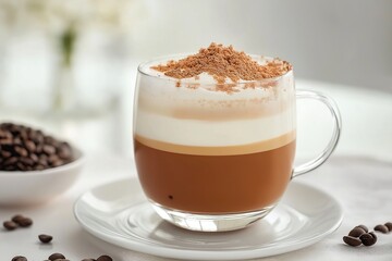 Glass cup with saucer of cappuccino and cream on a white background