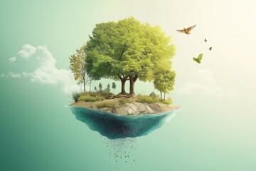 Hanging clod of soil with grass and a green tree. Ecology concept