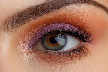 Obraz premium Close-up of a woman's eye with shimmering purple and brown makeup