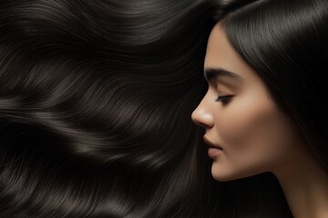 Obraz premium Portrait of a young woman with a background of black voluminous hair