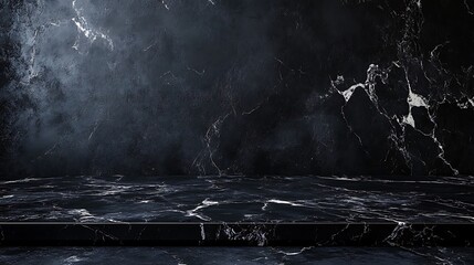 This high-resolution image showcases an empty table with a black marble countertop, positioned in front of a black wall.