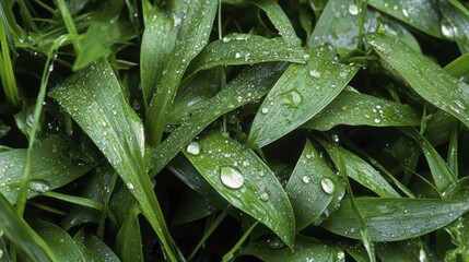 Fototapeta premium Dew-kissed green leaves bask in natural beauty, their vibrant color and delicate moisture capturing the serene essence of a fresh morning moment.
