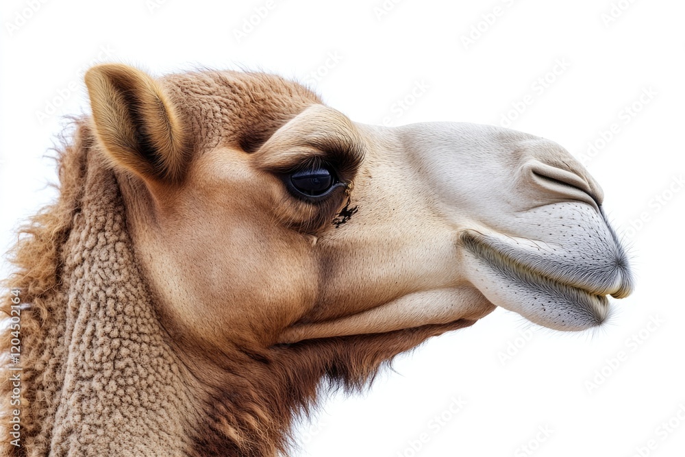 Poster a close-up shot of a camel's face on a white background