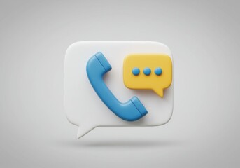 A 3D illustration of a blue and yellow telephone receiver inside a white speech bubble