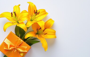 Obraz premium A vibrant bouquet of yellow lilies and a bright orange gift box tied with a satin ribbon, placed on a clean white background for Valentines Day and 8 March