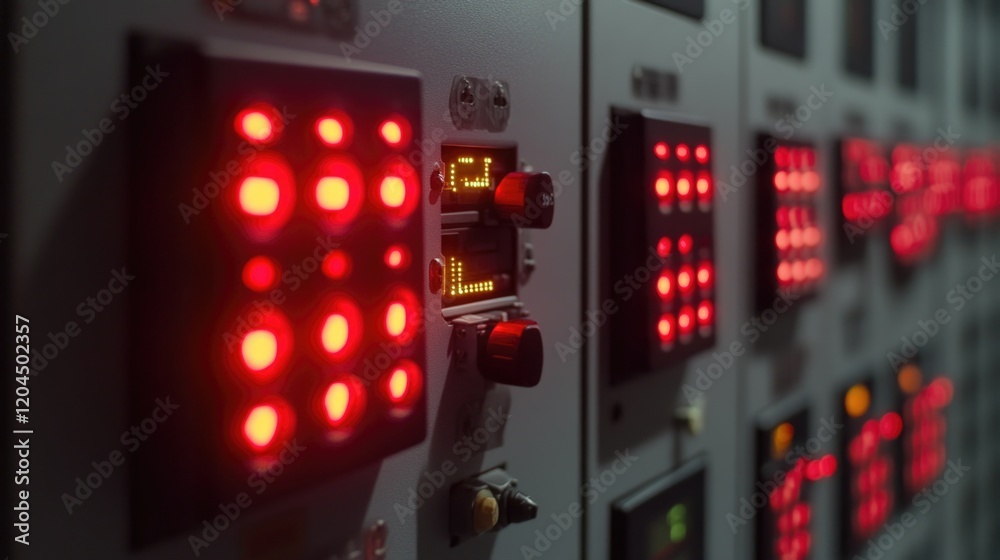 Poster a detailed shot of a control panel with red lights indicating status or alerts