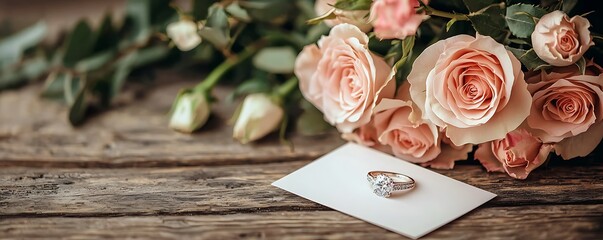 diamond engagement ring, roses, and greeting card, perfect for a romantic occasion