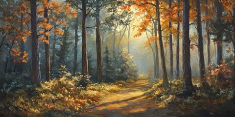 Fototapeta premium Serene autumn forest path at sunrise