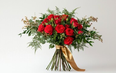 Fototapeta premium A vibrant bouquet of bright red roses, arranged with lush greenery, tied with a golden satin ribbon, placed on a clean white background