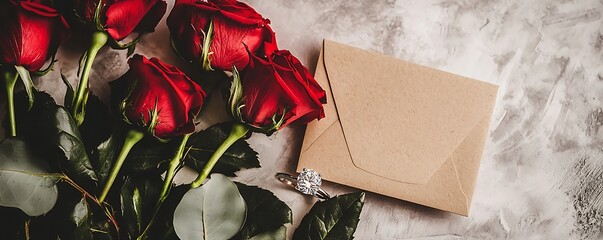 diamond engagement ring, roses, and greeting card, perfect for a romantic occasion
