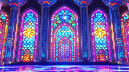 Obraz premium Vibrant stained glass windows illuminate a grand hall
