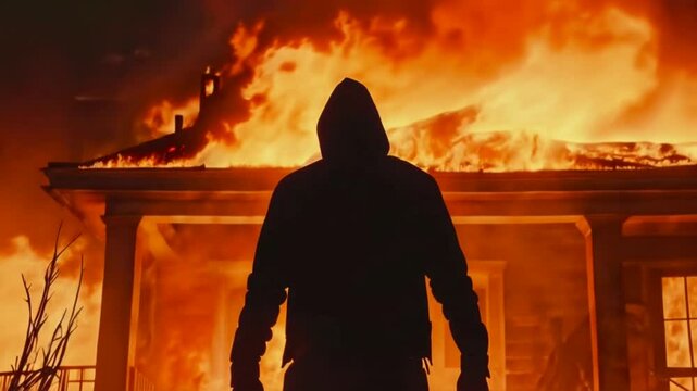 Scary man silhouette. Burning house. Horror fantasy genre. Creepy Halloween. Apocalyptic doomsday theme video clip. 